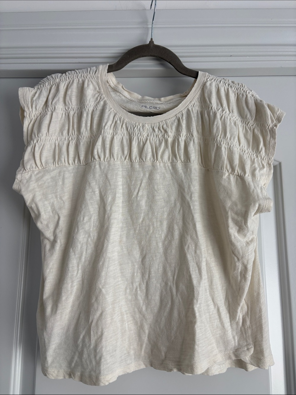 Pilcro (Anthropologie) Cream Short Sleeve Smocked Yoke Tee, Size XS